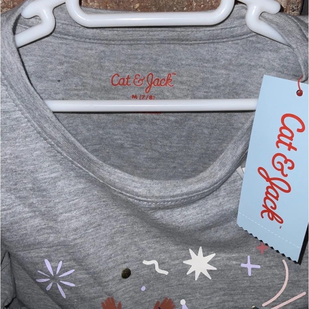 Cat & Jack Girls Heather Gray Party Celebration‎ Graphic Long Sleeve Tee M 7/8